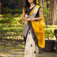 Modern Geometric Pure Silk Block Printed Saree Crafted in Striking Mustard and Classic Ivory Tones