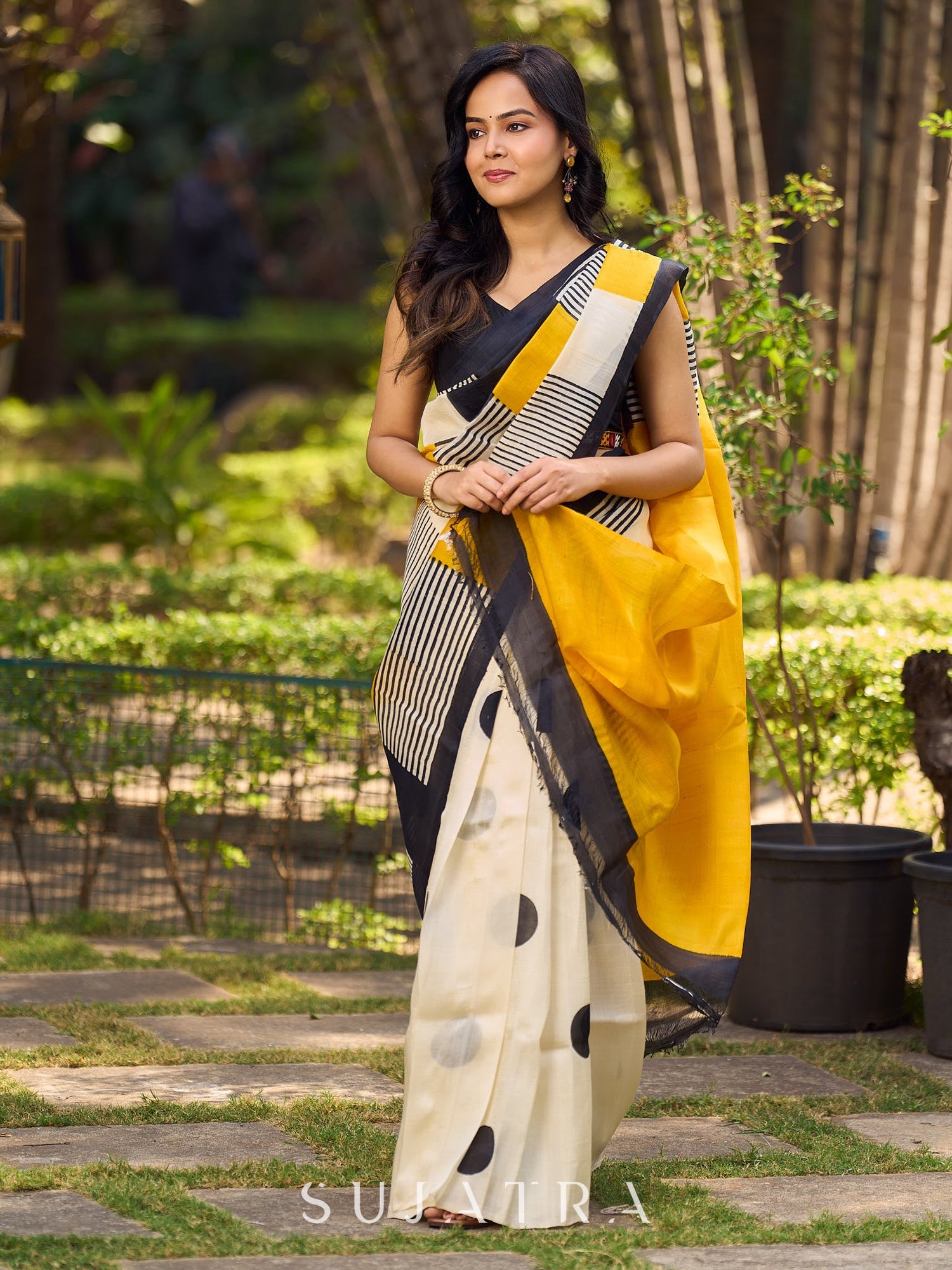 Modern Geometric Pure Silk Block Printed Saree Crafted in Striking Mustard and Classic Ivory Tones