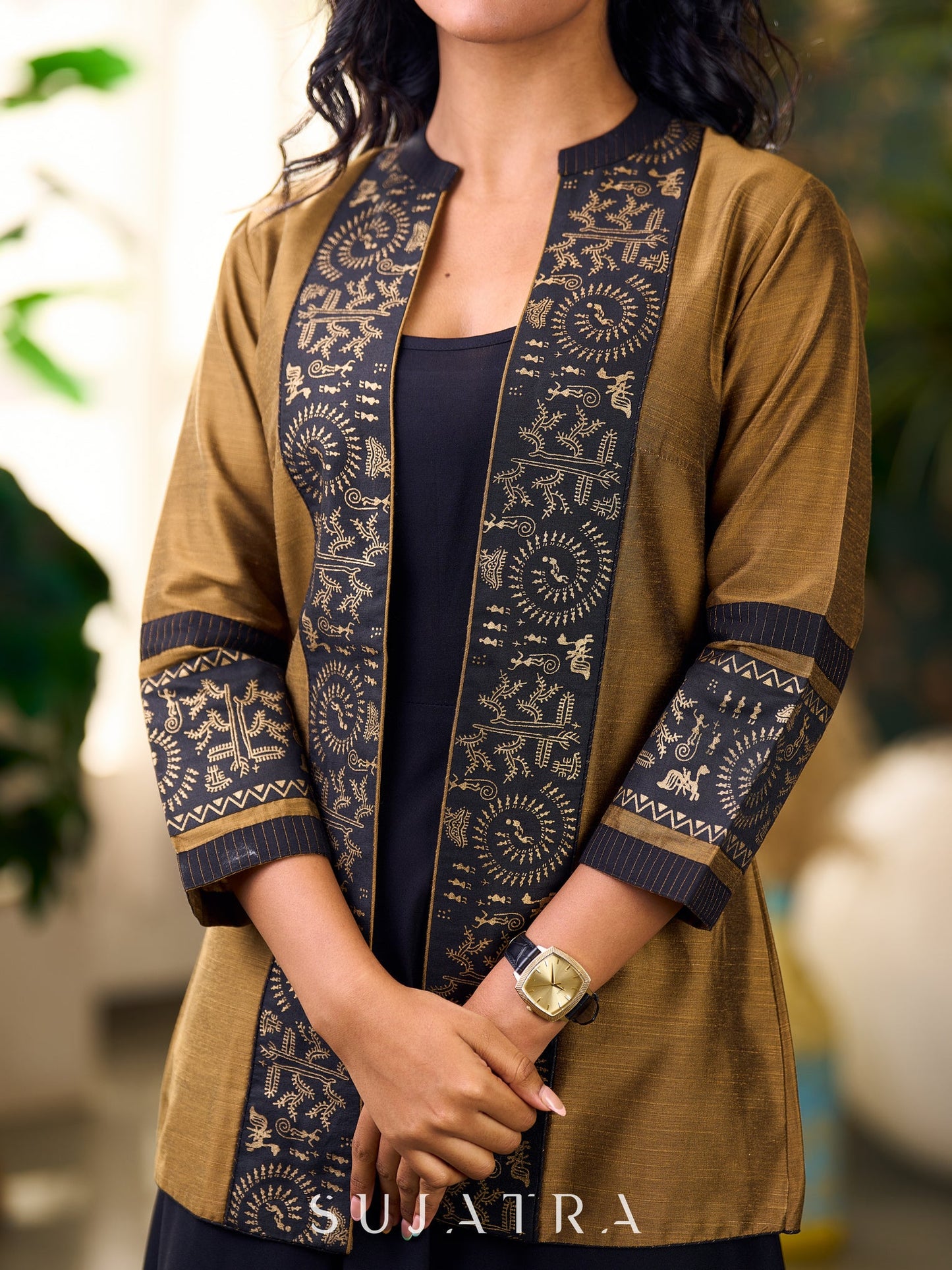 Exquisite Gold Silk Jacket with Black Shimmer-Striped Collar and Warli Printed Accents on Open Front and Cuffs