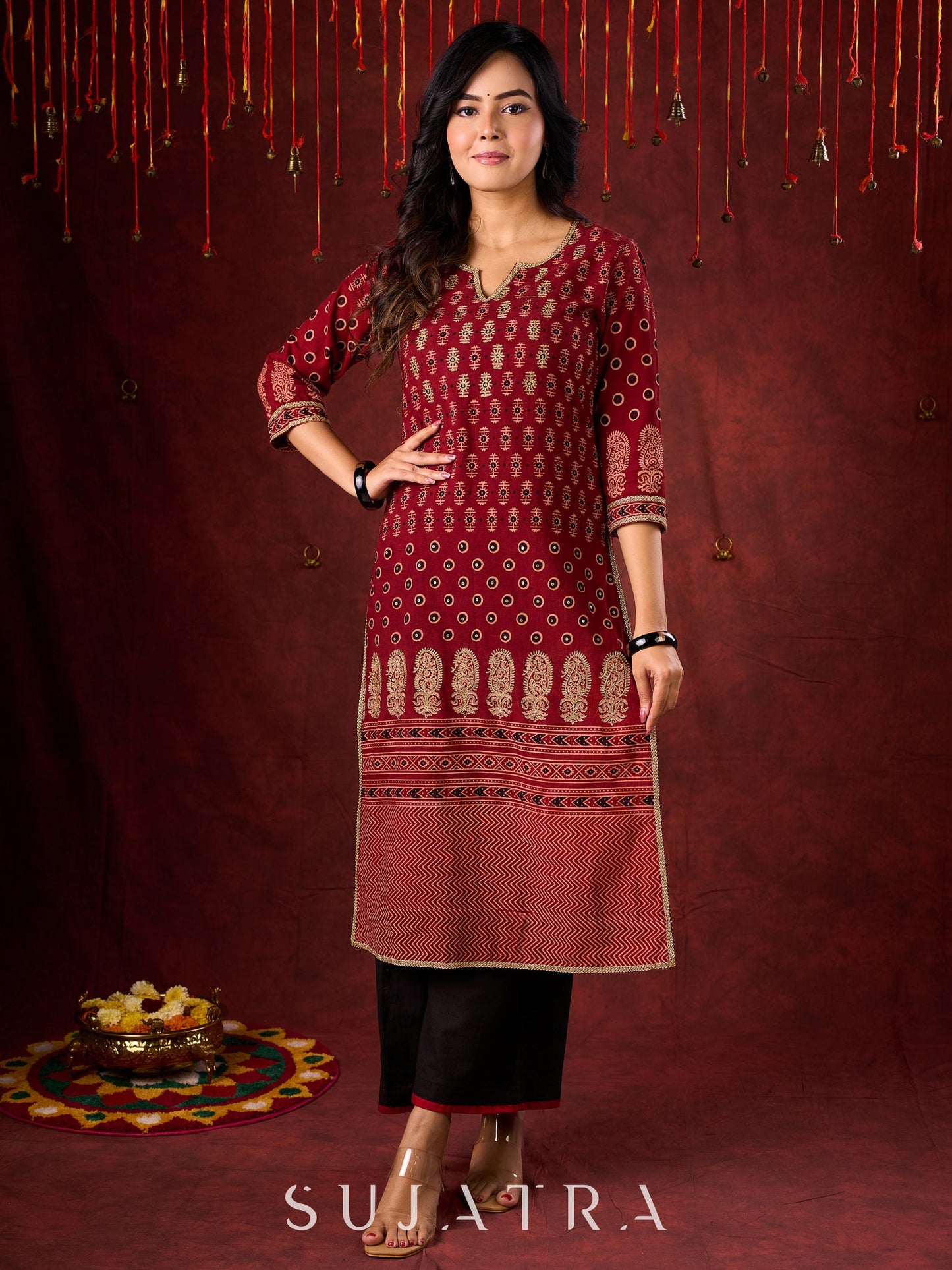Classic Maroon Ajrakh Cotton Kurta with Minimalist Embroidery