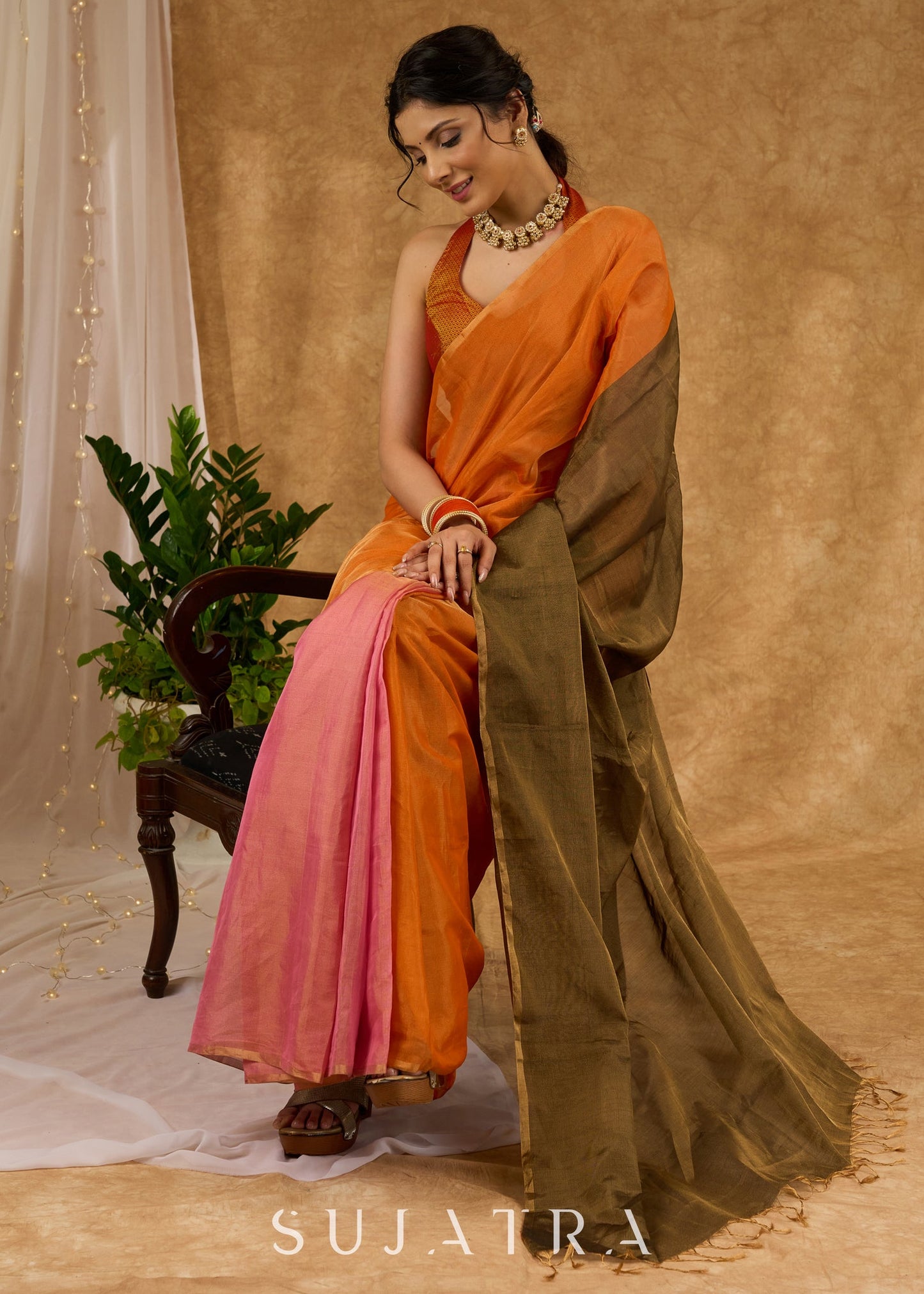 Exclusive Orange & Pink Combination Pure Tissue Saree With Optional Khan Blouse Piece