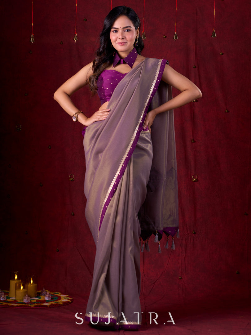Lustrous Grey Silk Blend Saree with Chanderi Purple Border & Bold Statement Pallu