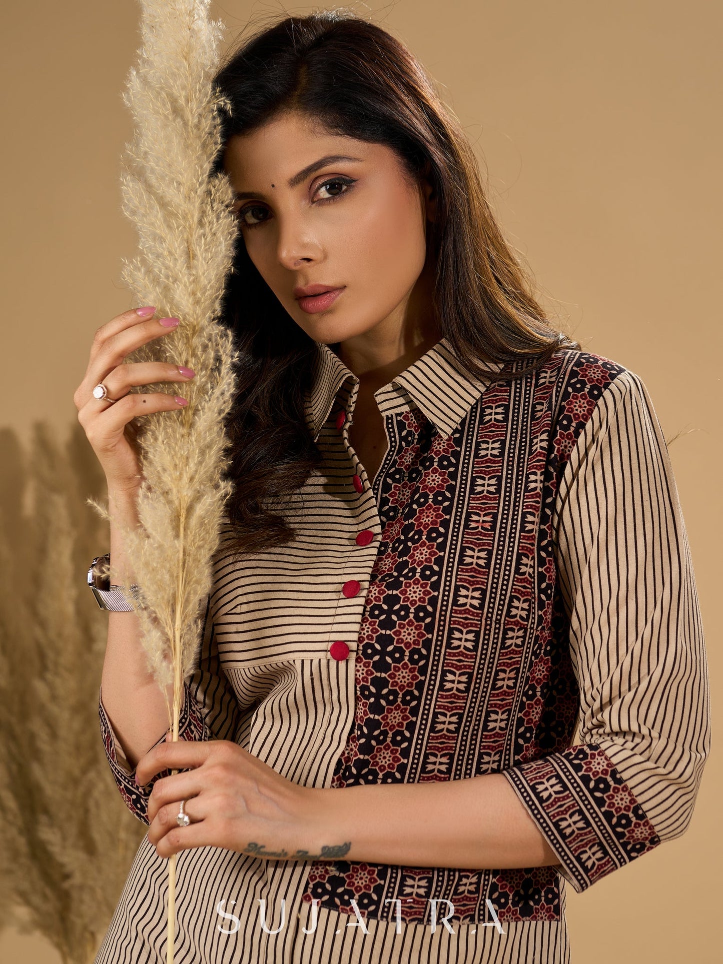 Charming Cream Ajrakh Kurta with Geometric Yoke & Cuffs