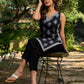 Black viscose sleeveless short kurta elevated with artistic stripe–floral patterns