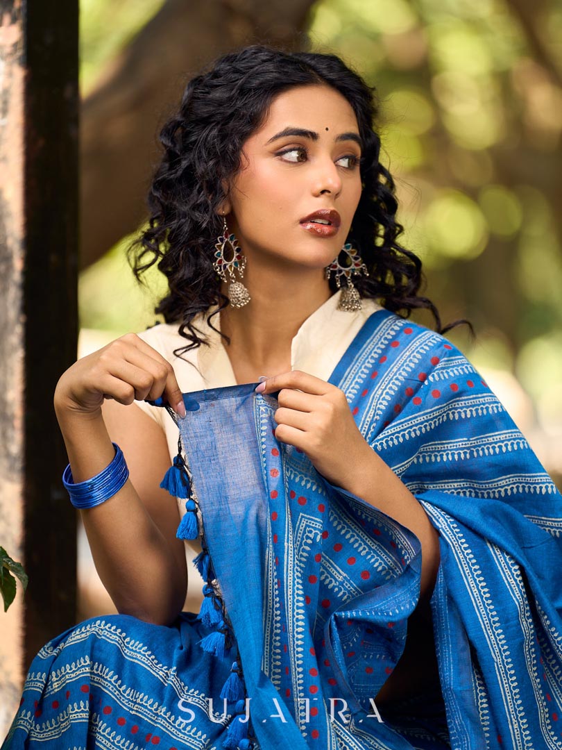 Classic Blue Cotton Saree with Traditional Hand Block Printed Border