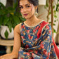 Classic Navy Saree Featuring Digital Rose Floral Print & Vibrant Red Tissue Contrast Border & Gold Trim