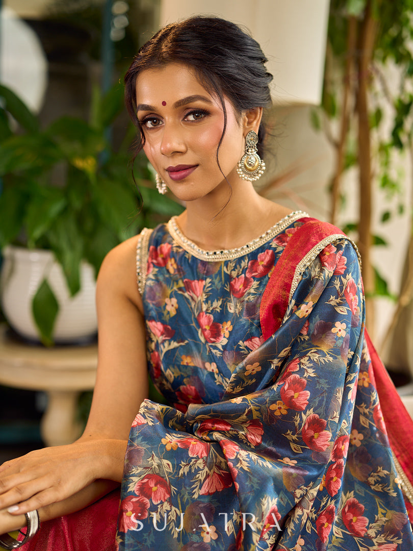 Classic Navy Saree Featuring Digital Rose Floral Print & Vibrant Red Tissue Contrast Border & Gold Trim