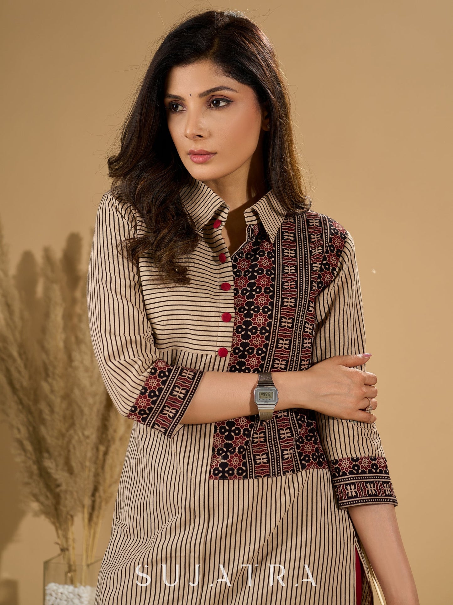 Charming Cream Ajrakh Kurta with Geometric Yoke & Cuffs