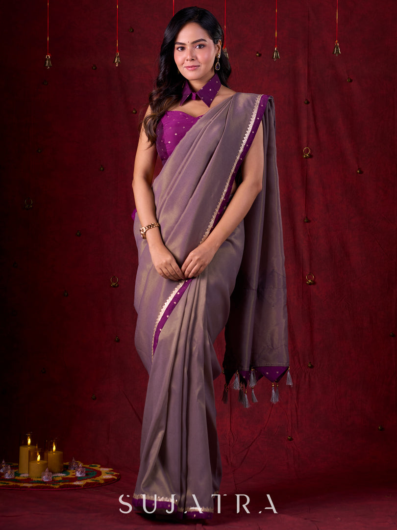 Lustrous Grey Silk Blend Saree with Chanderi Purple Border & Bold Statement Pallu