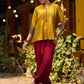 Mustard Cotton Silk Top With Pleated Yoke And Contrasting Ikat Detailing On Sleeves And Collar