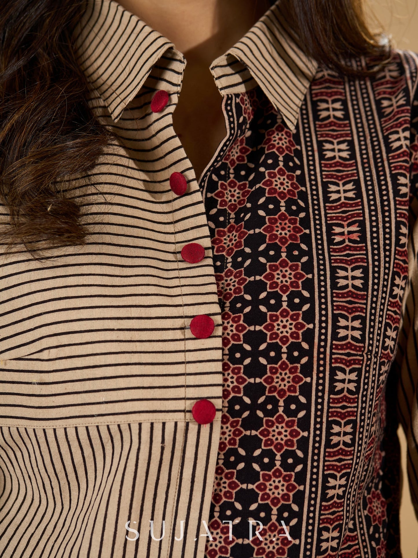 Charming Cream Ajrakh Kurta with Geometric Yoke & Cuffs