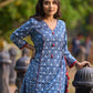 Indigo Printed A-Line Kurta with Waist-Defining Side Strings and Maroon Detailing
