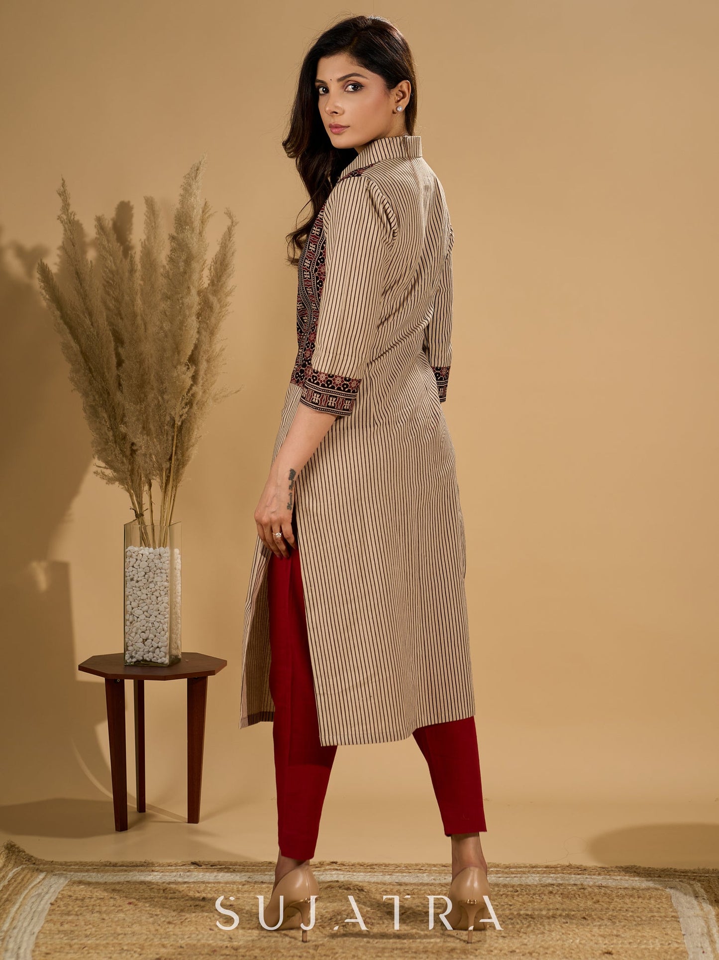 Charming Cream Ajrakh Kurta with Geometric Yoke & Cuffs