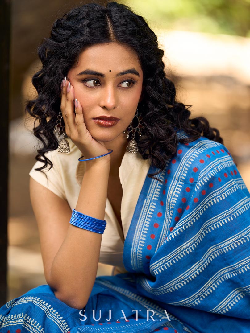 Classic Blue Cotton Saree with Traditional Hand Block Printed Border