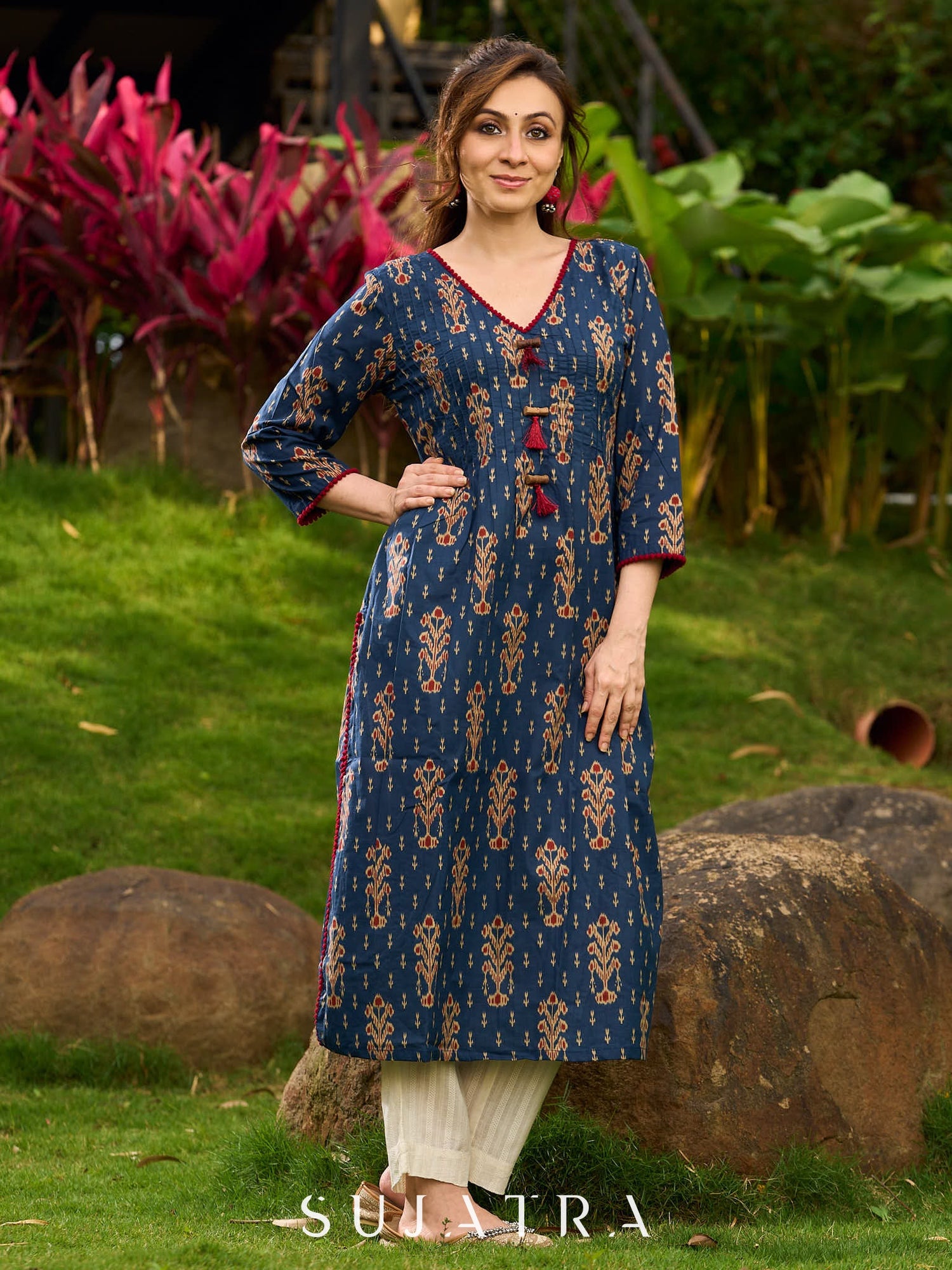 Contemporary Blue Ajrakh Print Kurta with Pleated Pintuck Detailing and Maroon Accents