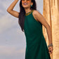 Classic Emerald Flared Rayon Dress With Ajrakh Highlights