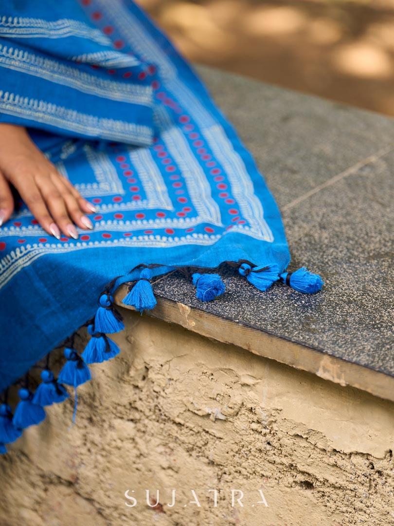 Classic Blue Cotton Saree with Traditional Hand Block Printed Border