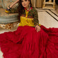 Red tiered Jamdani lehenga with a striking green Ajrakh and mustard jamdani choli featuring intricate mirror work & shell tassels .