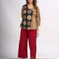Beige Cotton Wrap Style Top with Black Printed Panel and Red Button Detail