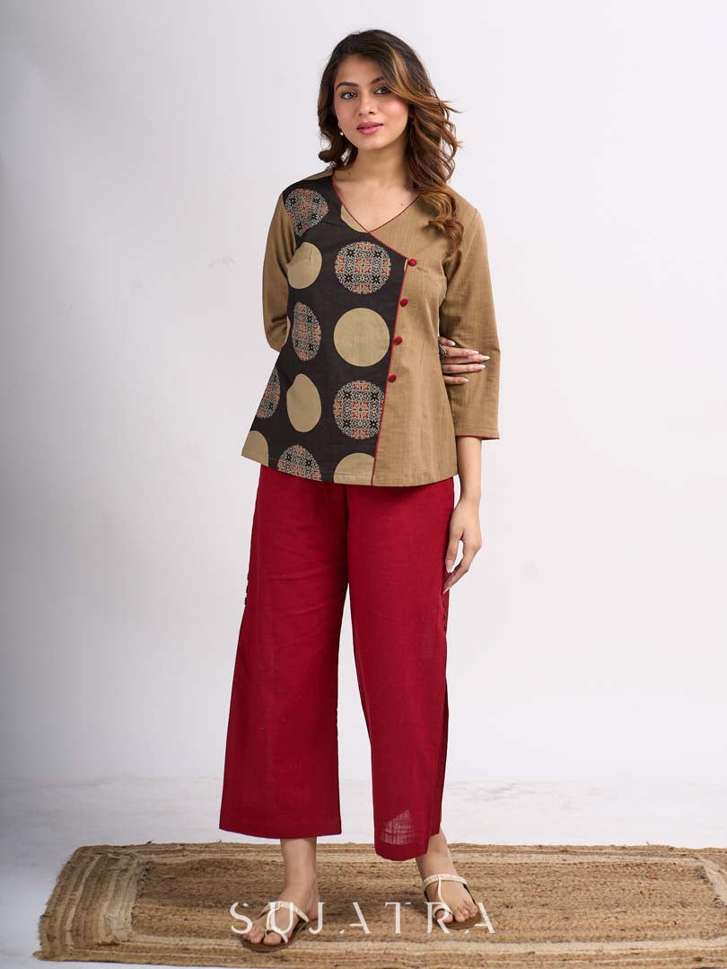 Beige Cotton Wrap Style Top with Black Printed Panel and Red Button Detail