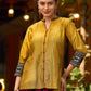 Mustard Cotton Silk Top With Pleated Yoke And Contrasting Ikat Detailing On Sleeves And Collar