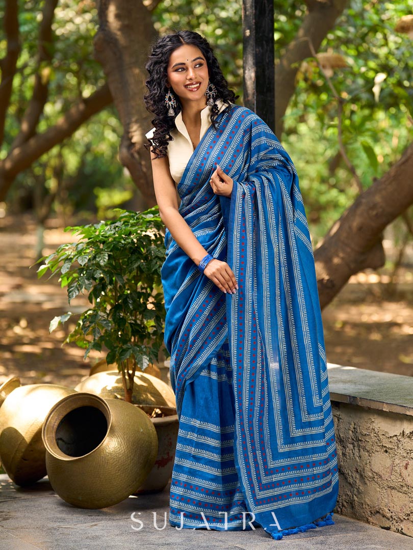 Classic Blue Cotton Saree with Traditional Hand Block Printed Border