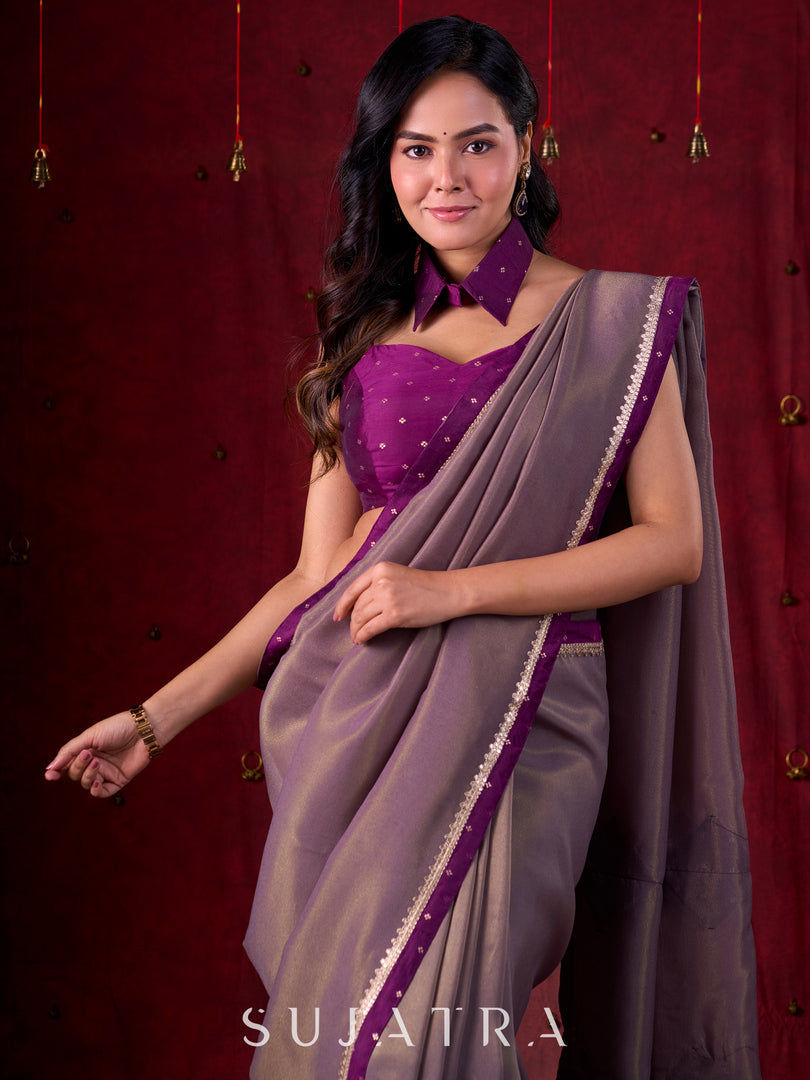 Lustrous Grey Silk Blend Saree with Chanderi Purple Border & Bold Statement Pallu