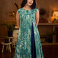 Indigo printed dress featuring playful fish motifs, designed in a gathered side-panel silhouette with contrast navy blue accents, creating a fluid, contemporary look with refined artisanal charm.