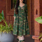 Rich bottle green printed Angrakha with a finely hand-embroidered neckline and soft beige accents.