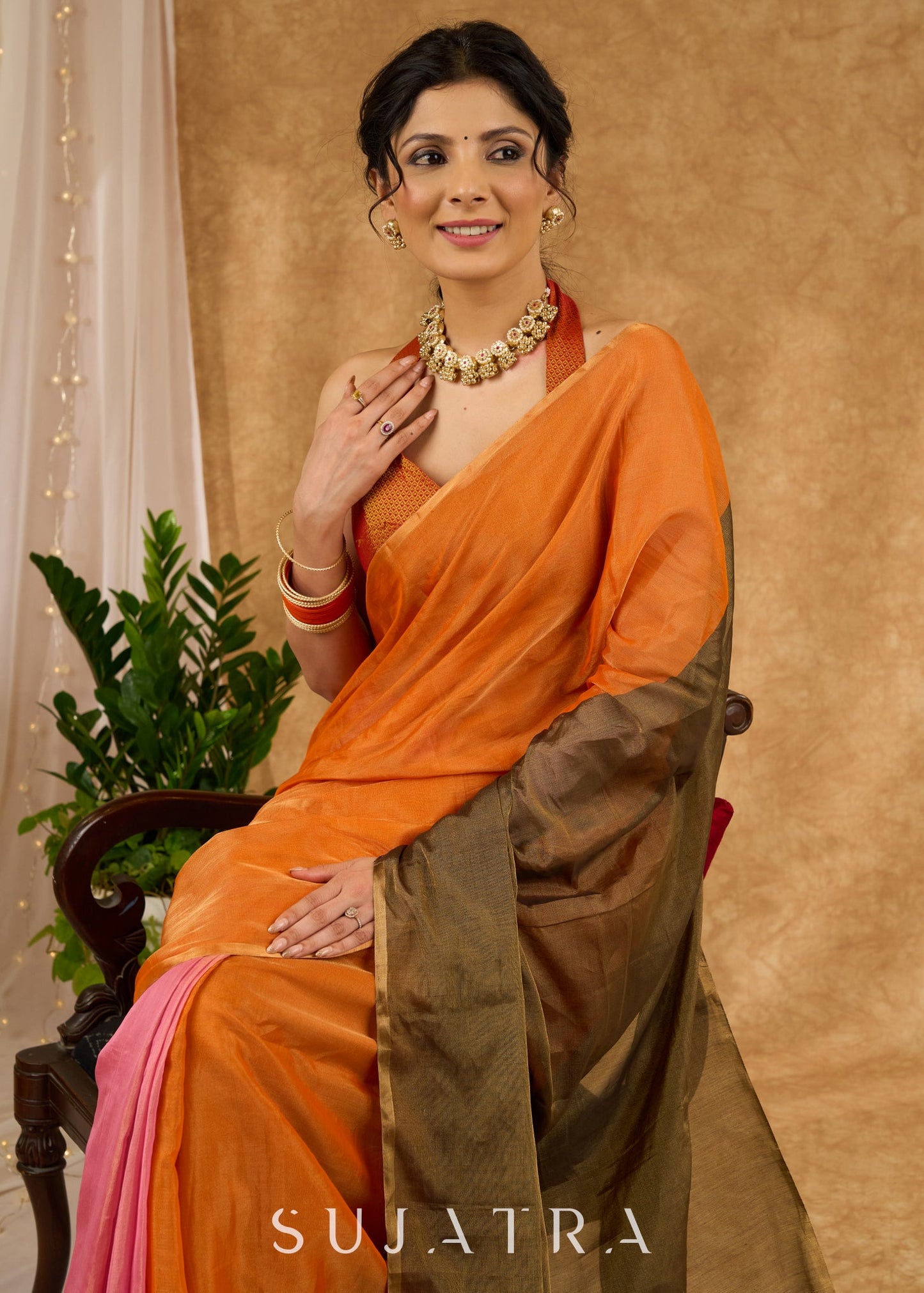 Exclusive Orange & Pink Combination Pure Tissue Saree With Optional Khan Blouse Piece