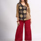 Beige Cotton Wrap Style Top with Black Printed Panel and Red Button Detail
