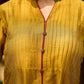 Mustard Cotton Silk Top With Pleated Yoke And Contrasting Ikat Detailing On Sleeves And Collar