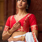 Refined White Georgette Chikankari Saree with Red-Gold Benarasi Border & Hand Embroidered Pallu
