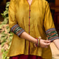 Mustard Cotton Silk Top With Pleated Yoke And Contrasting Ikat Detailing On Sleeves And Collar