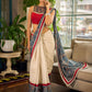 Flourishing Ivory Kalamkari Floral Chanderi Saree with Red Zari-Trimmed Hem & Chevron Border Accent