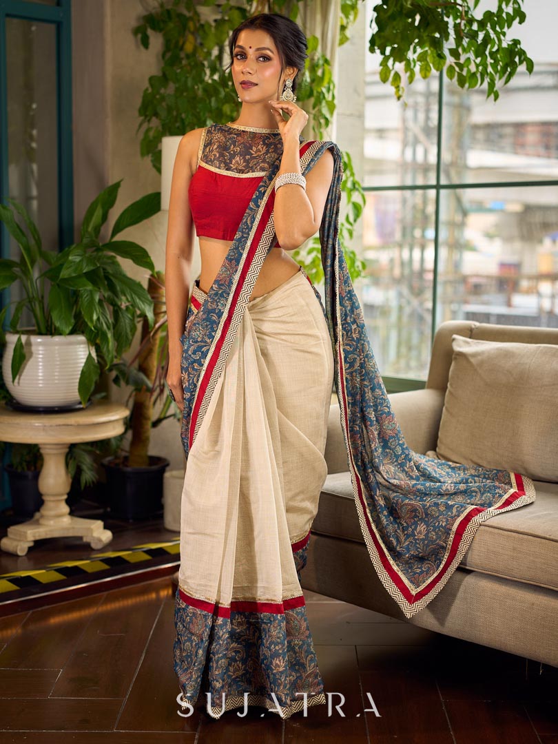 Flourishing Ivory Kalamkari Floral Chanderi Saree with Red Zari-Trimmed Hem & Chevron Border Accent