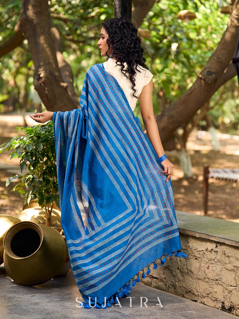 Classic Blue Cotton Saree with Traditional Hand Block Printed Border