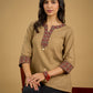 Ethnic dark beige cotton top highlighted with elegant ajrakh detail.