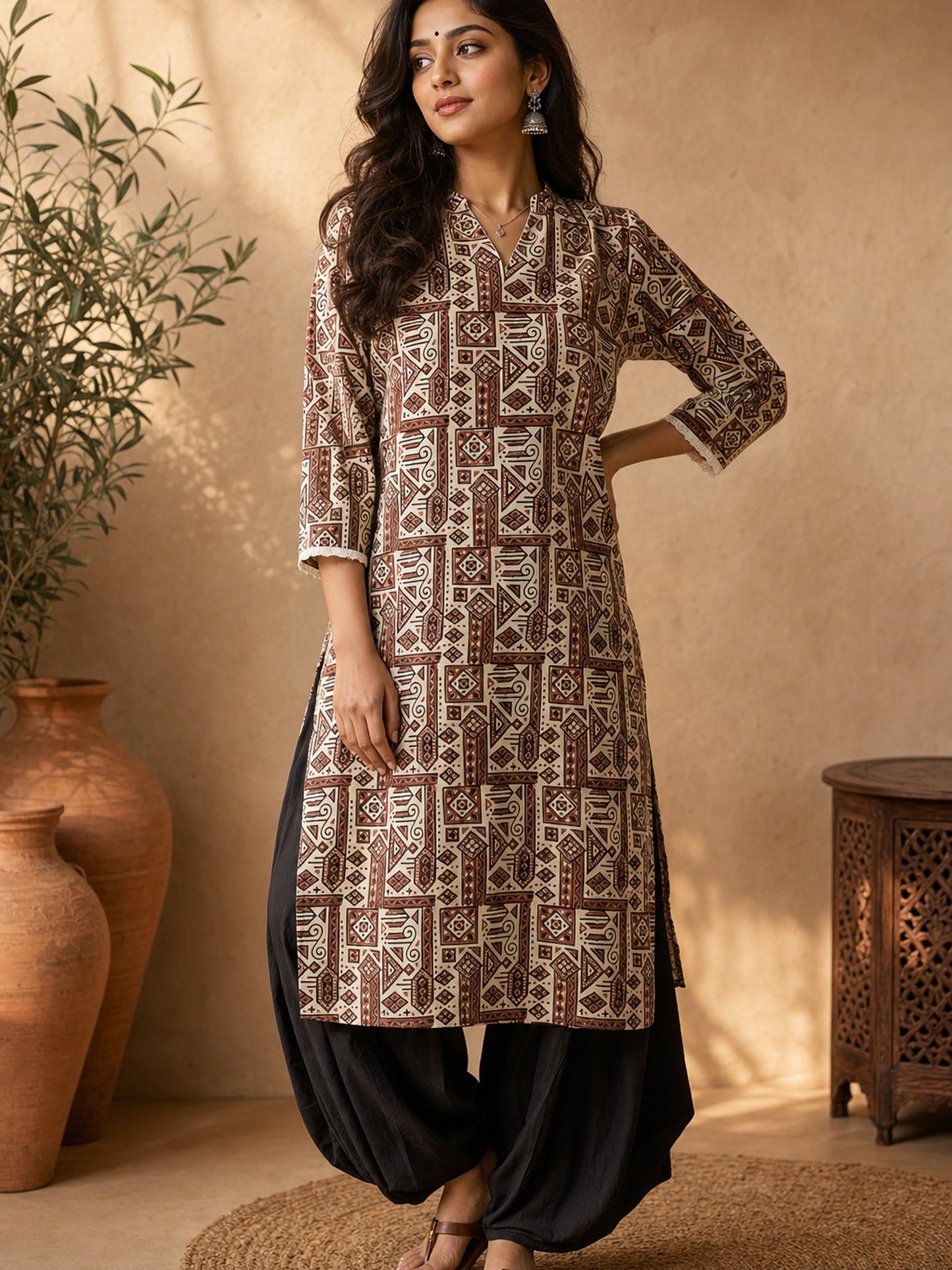 Ivory Geometric Printed Cotton Kurta with Contemporary Ethnic Motifs