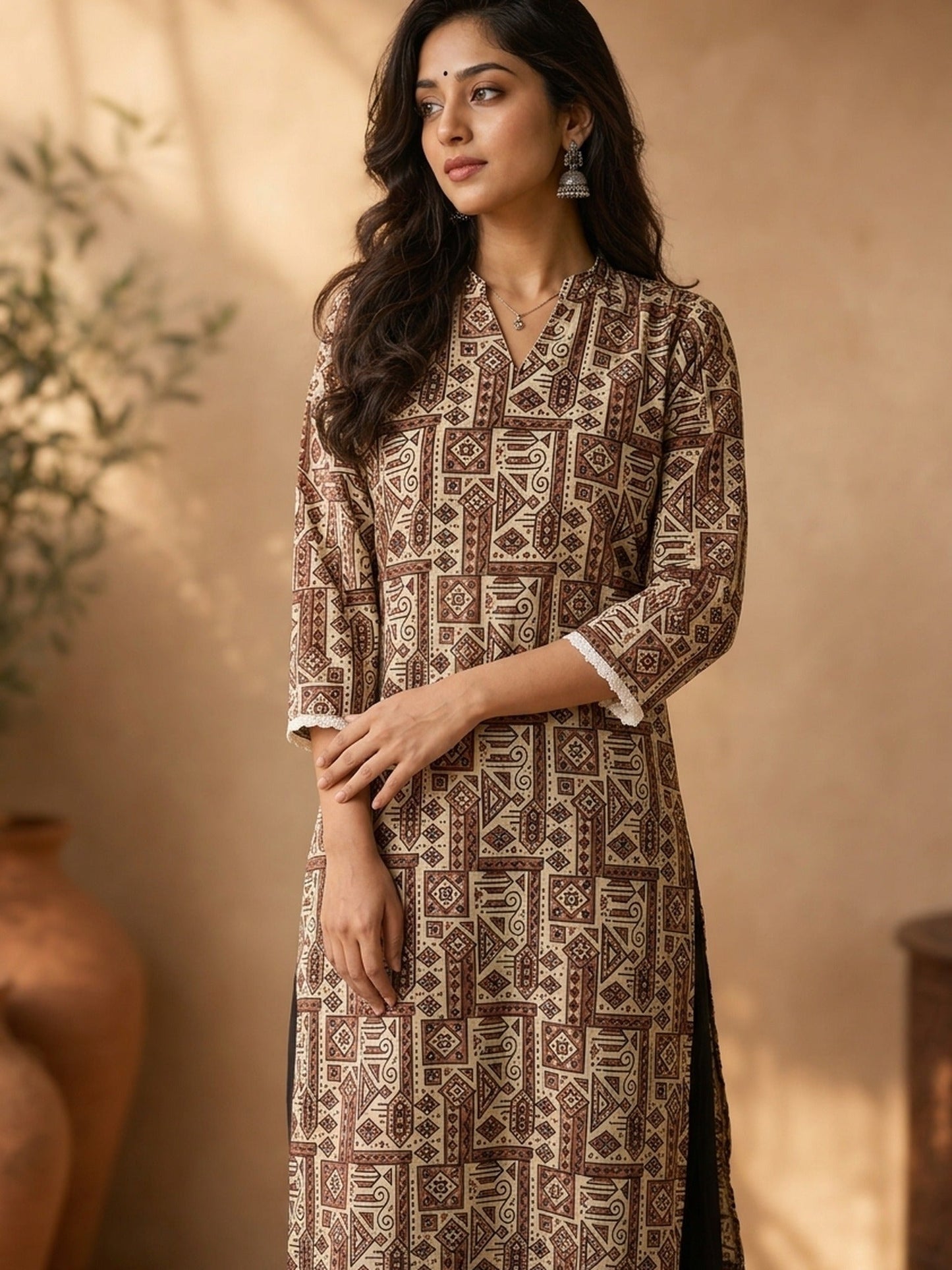 Ivory Geometric Printed Cotton Kurta with Contemporary Ethnic Motifs
