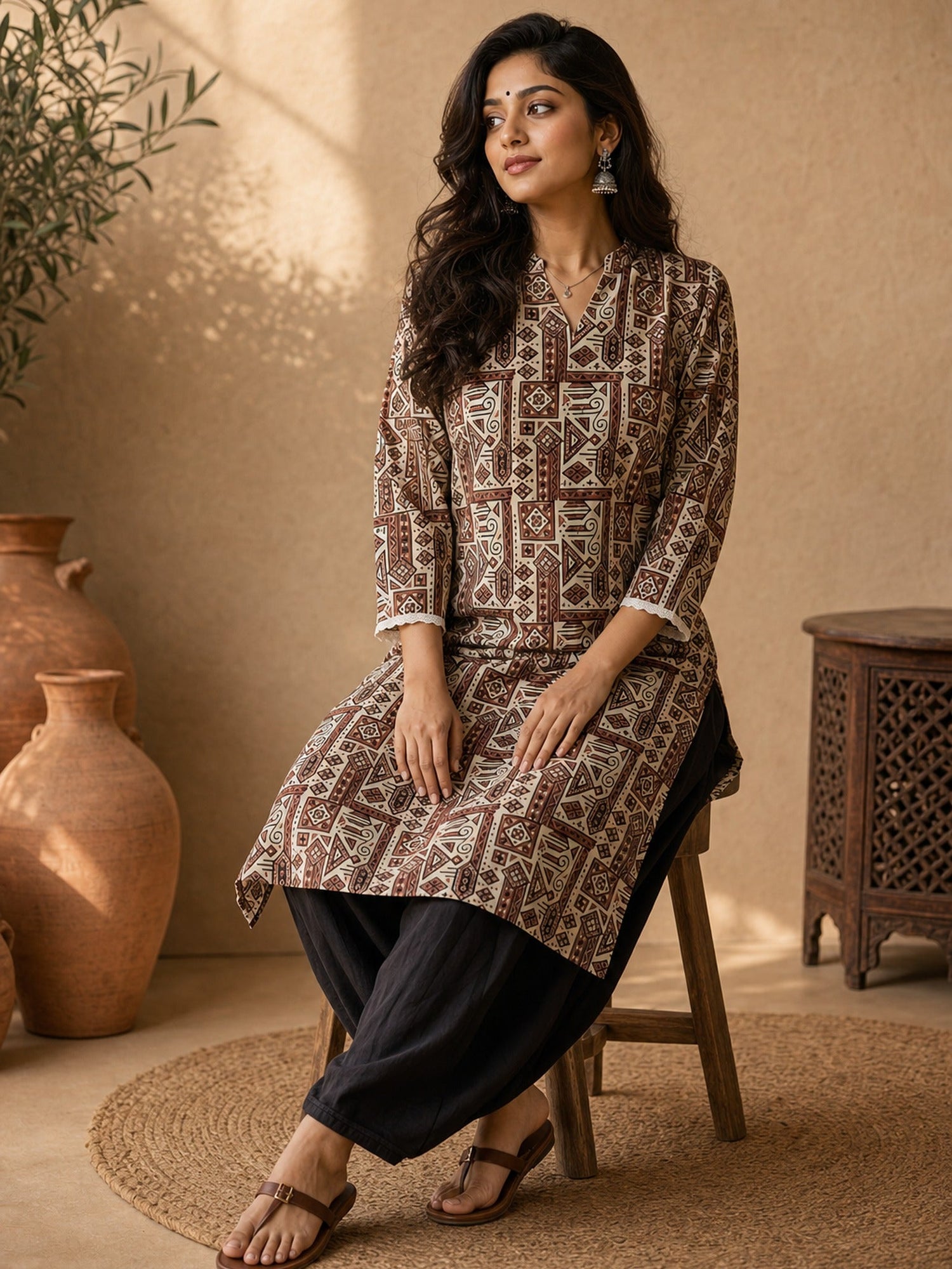 Ivory Geometric Printed Cotton Kurta with Contemporary Ethnic Motifs