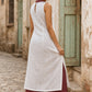 Minimal White Cotton Sleeveless Kurta with Bold Maroon Check V-Yoke & Tonal Embroidery