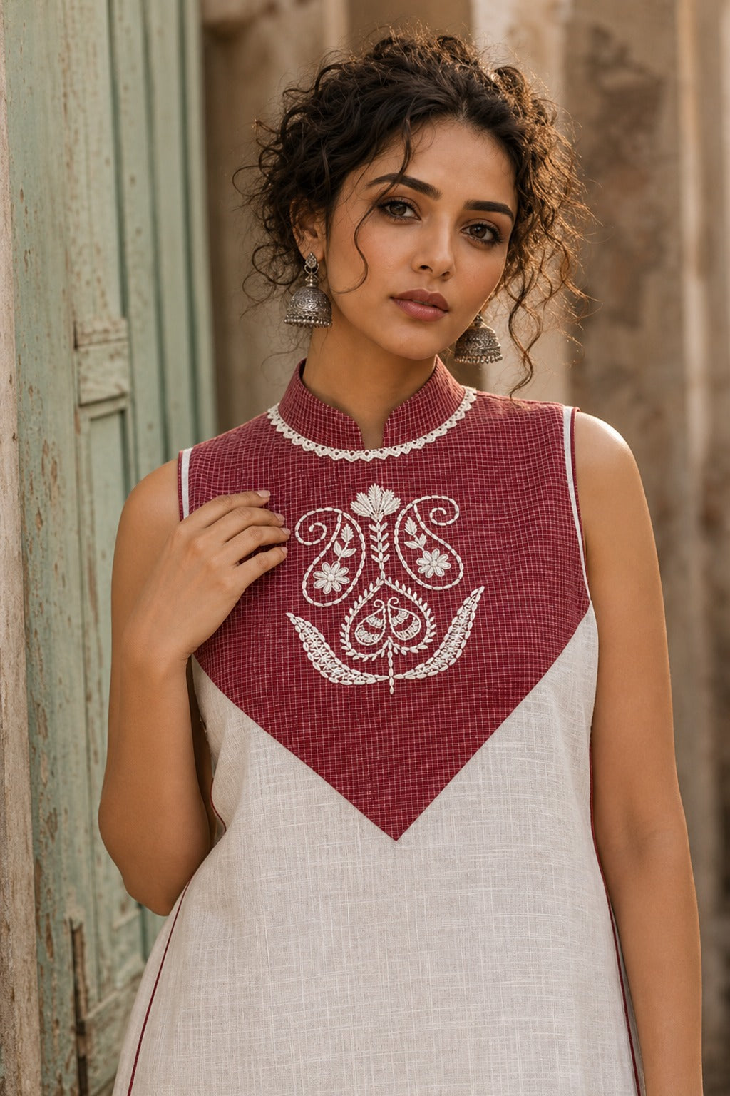 Minimal White Cotton Sleeveless Kurta with Bold Maroon Check V-Yoke & Tonal Embroidery