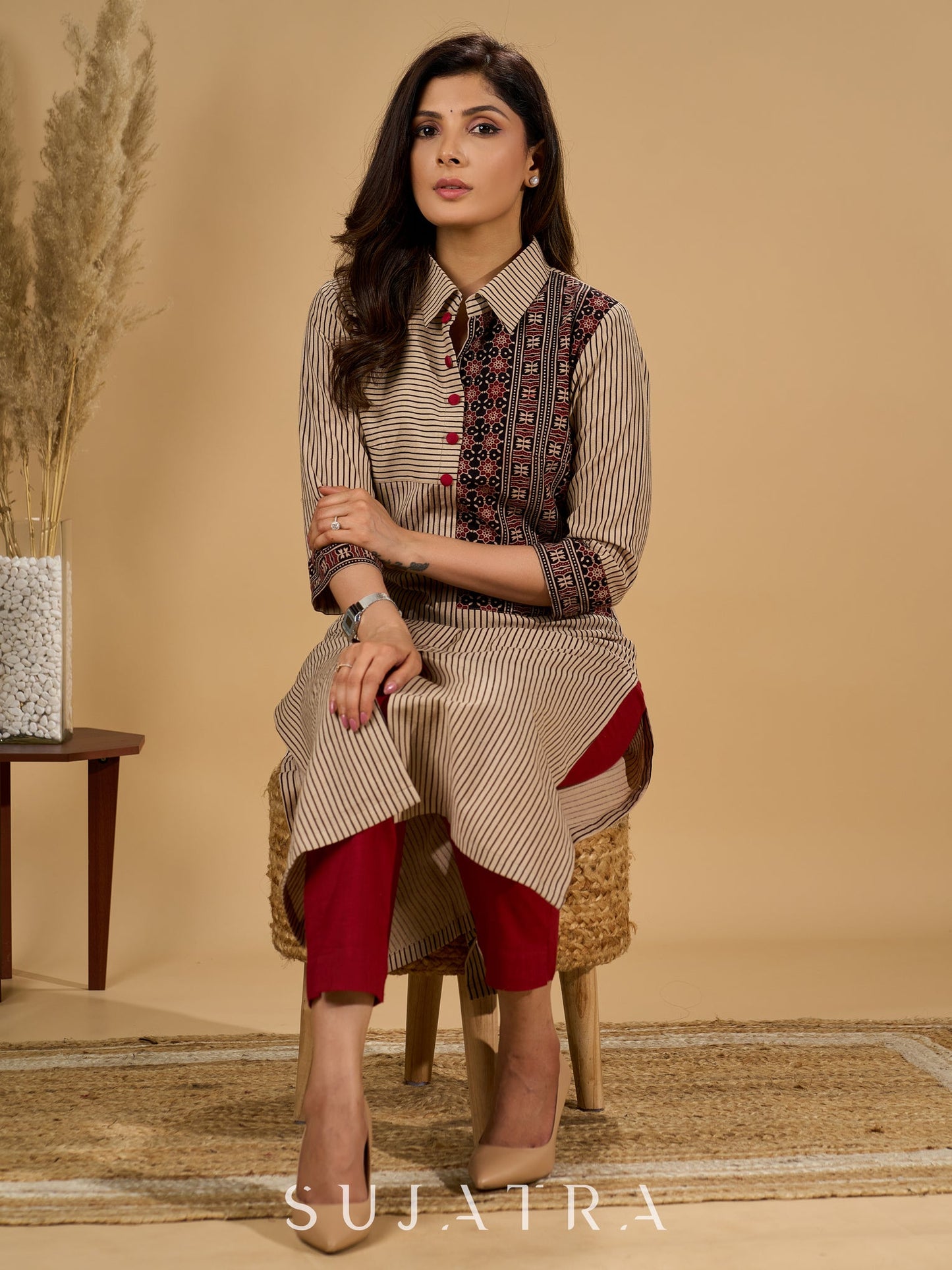 Charming Cream Ajrakh Kurta with Geometric Yoke & Cuffs