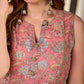 Vibrant Coral Peach Hand Block Printed Mul Cotton Sleeveless Kurta with Button Front