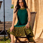 Classic Emerald Flared Rayon Dress With Ajrakh Highlights