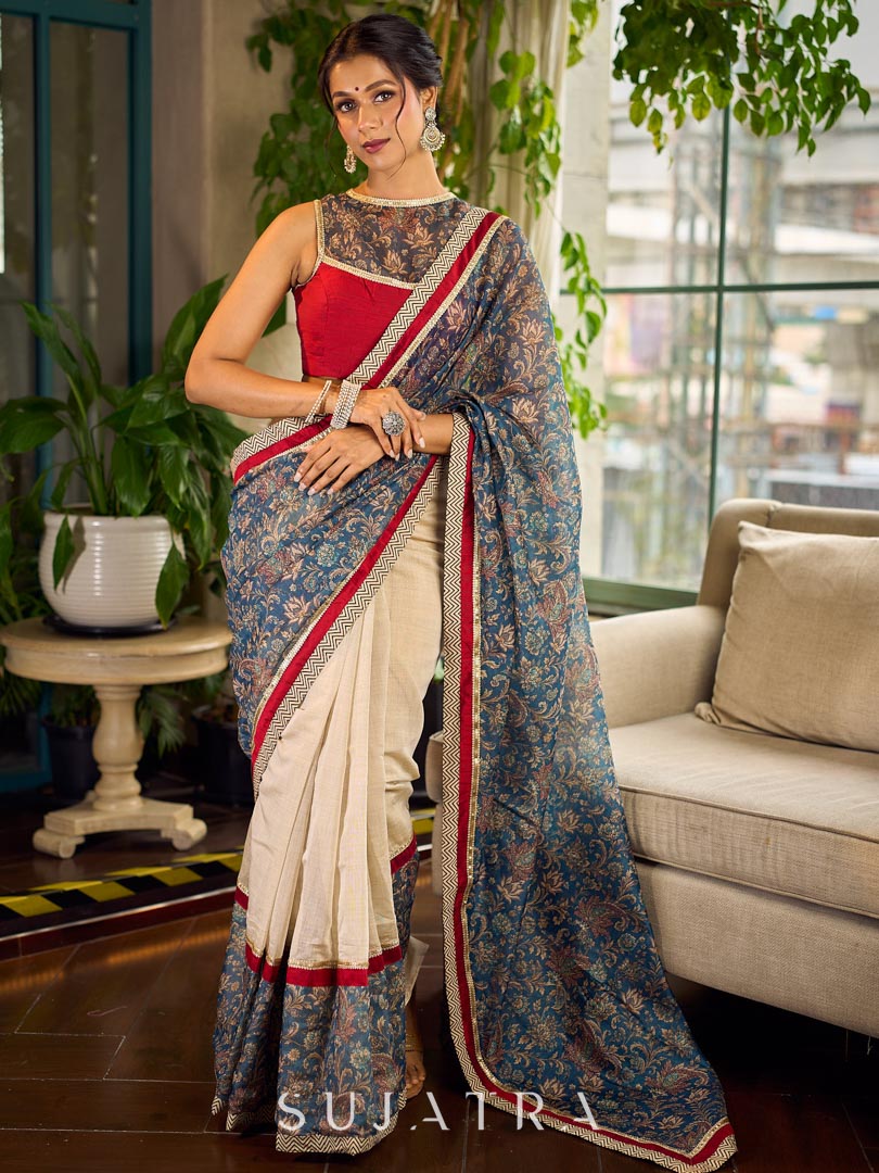 Flourishing Ivory Kalamkari Floral Chanderi Saree with Red Zari-Trimmed Hem & Chevron Border Accent
