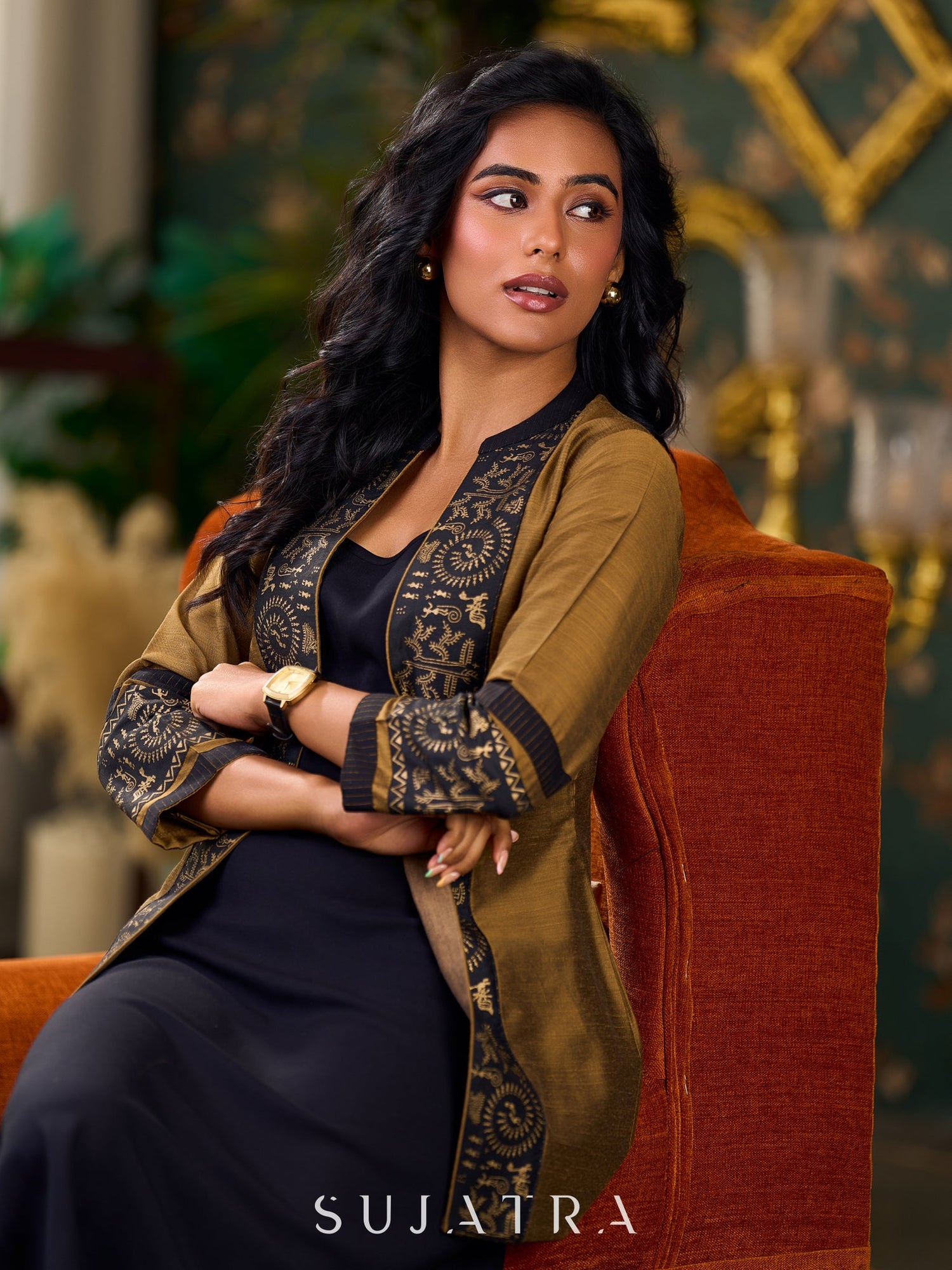 Exquisite Gold Silk Jacket with Black Shimmer-Striped Collar and Warli Printed Accents on Open Front and Cuffs