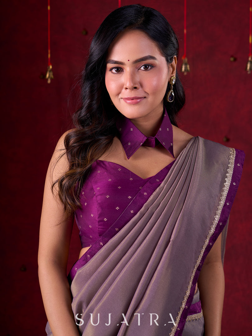 Lustrous Grey Silk Blend Saree with Chanderi Purple Border & Bold Statement Pallu