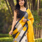 Modern Geometric Pure Silk Block Printed Saree Crafted in Striking Mustard and Classic Ivory Tones